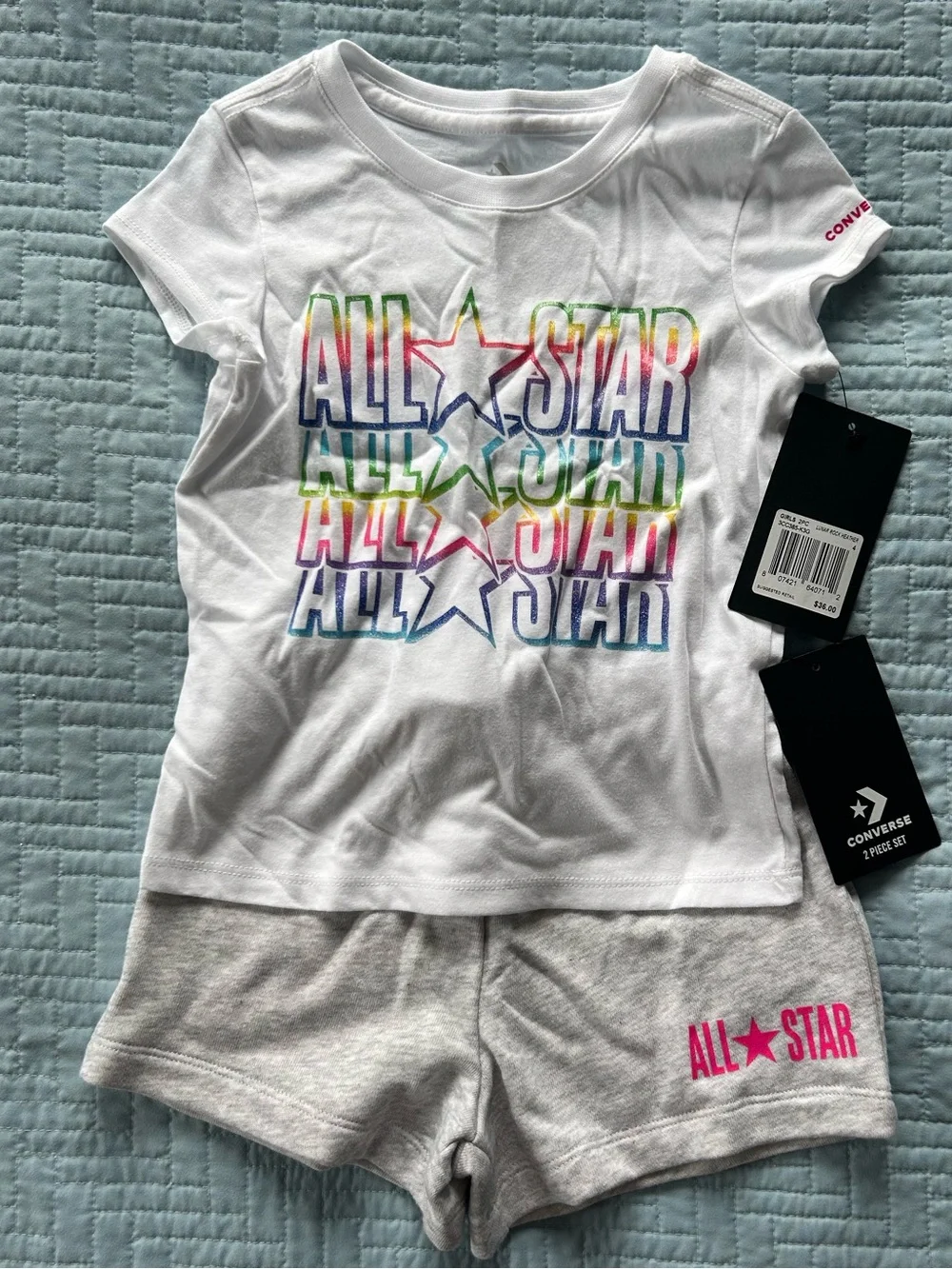 Converse All-Star White Rainbow Logo Tee & Gray Shorts Set Girls size 4